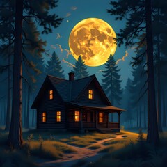 Moonlit forest cabin landscape with mist and trees