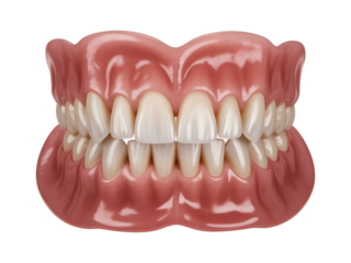 Realistic full set of dentures showcasing healthy, bright white teeth and natural gum appearance for dental marketing