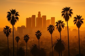 Golden hour skyline of Los Angeles with palm silhouettes and rolling haze