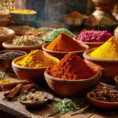 Fototapeta premium Assorted Spices In Brown Bowls At Market