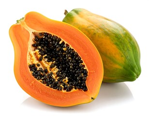 Two halves of a papaya on a white background