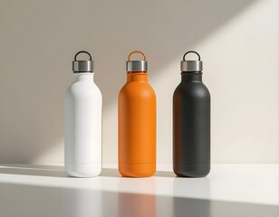 Set of modern reusable water bottles in neutral tones