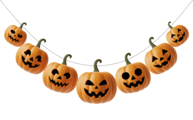 Spooky Jack-o'-lantern garland creates festive Halloween party atmosphere with playful carved faces