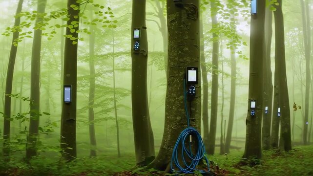 Tree trunks hold many tree sensors in foggy forest, tree sensors record moisture levels, researchers collect data from tree sensors during routine walk. Concept ecosystem monitoring