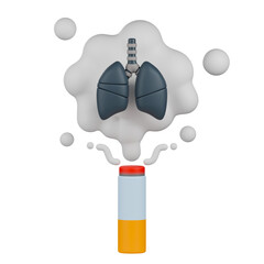 3D medical illustration showing dark, unhealthy human lungs being exposed to smoke rising from a cigarette.