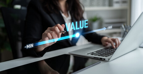 Value measurement and adjustment concept showing value, performance, and optimization level with...