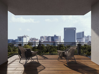 Panoramic view of the city, travel and architecture background. Beautiful city landscape from the balcony. Cozy terrace with a beautiful chairs overlooking the city