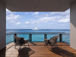Modern luxury villa terrace with polished wooden floor and minimalist railing overlooking turquoise tropical lagoon, white yacht, and green coastline under partly cloudy sky.
