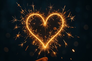 Long exposure golden sparkler trails forming heart shapes over deep blue night bokeh
