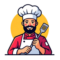 Cartoon chef character holding spatula and spoon, friendly mascot