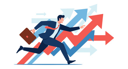 Businessman running towards success with financial growth arrows pointing up the statistics charts