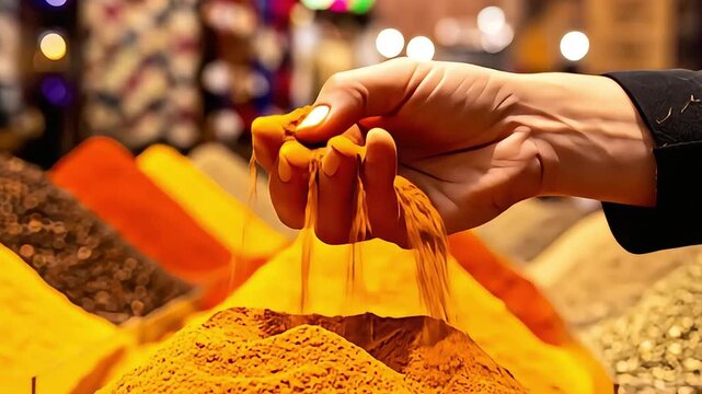 Exploring spices hand sampling rich turmeric local market culinary demonstration vibrant atmosphere close-up view