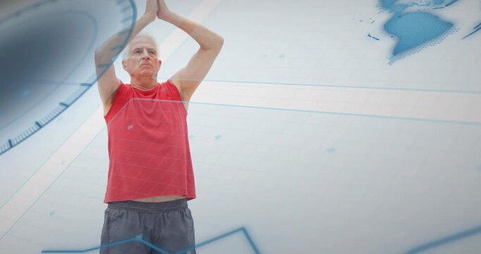 On start senior man starting stretch routine for fitness with subtle clock and world map overlays