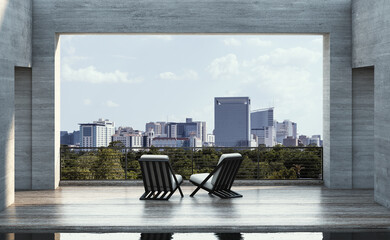 Panoramic view of the city, travel and architecture background. Beautiful city landscape from the balcony. Cozy terrace with a beautiful chairs overlooking the city