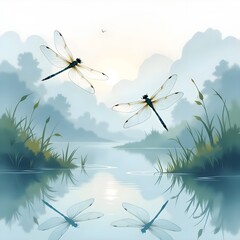 Watercolor dragonflies flying in soft blue sky, delicate nature scene