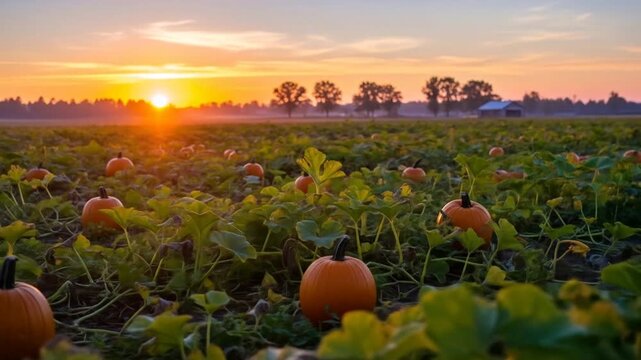 A beautiful pumpkin patch glows in the warm, golden light of a rising sun during the autumn harvest season.
