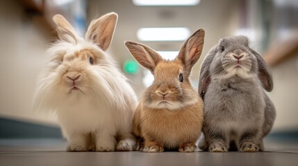 Obraz premium Three Adorable Rabbits Sitting Together Indoors, Featuring a Variety of Fur Colors and Breeds