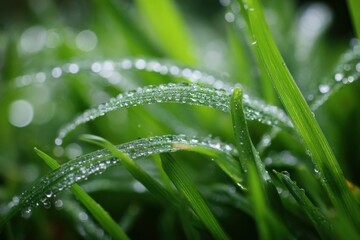 Fresh Green Grass Blades Adorned with Sparkling Dew Drops in a Close-Up View