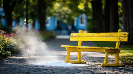 Obraz premium Yellow Park Bench With Water Splash