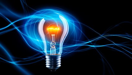 Futuristic glowing light bulb illustration with polygonal wireframe on dark neon background. Represents innovation, creativity, technology, brainstorming, and idea generation for business, education, 