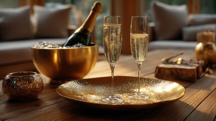 Elegant Champagne Celebration: Sparkling Wine Glasses and Bottle in Golden Setting for Festive Occasions