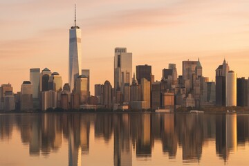 Obraz premium Sunrise panorama of Lower Manhattan skyline across calm water with glowing clouds