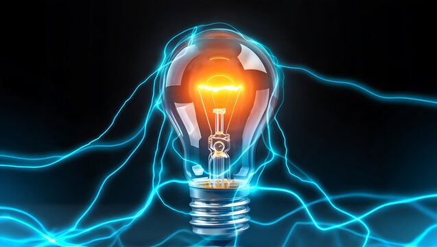 Futuristic glowing light bulb illustration with polygonal wireframe on dark neon background. Represents innovation, creativity, technology, brainstorming, and idea generation for business, education,  - Powered by Adobe