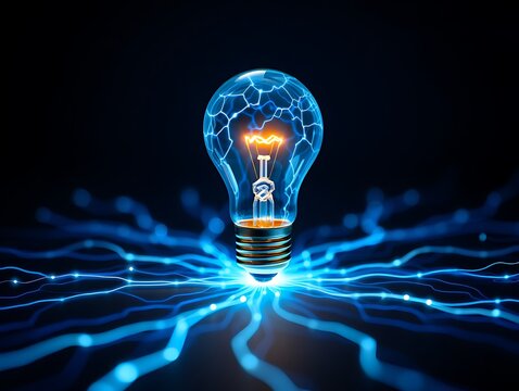 Futuristic glowing light bulb illustration with polygonal wireframe on dark neon background. Represents innovation, creativity, technology, brainstorming, and idea generation for business, education,