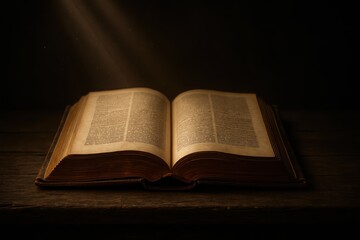 Obraz premium Open sacred tome on aged wood gilded pages glowing softly through drifting dust