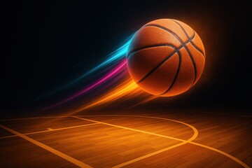Obraz premium Vibrant pro basketball poster background with dynamic neon trails and textured court