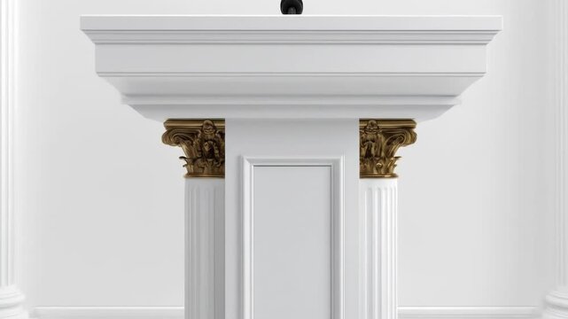 White podium with gold detail, mic, & fluted columns