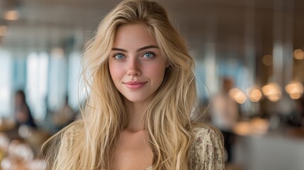 Fototapeta premium Portrait of a Beautiful Young Woman with Blonde Hair and Stunning Blue Eyes Smiling