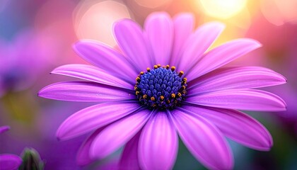 Purple African Daisy with Yellow Pollen Cinematic Spring Bloom in Soft Focus Wildflower Meadow Warm Sunset Light Fresh Colorful Floral Photography