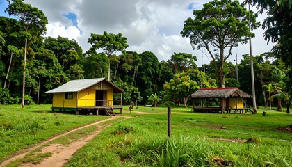 Fototapeta premium Two simple houses nestled in a lush rainforest clearing
