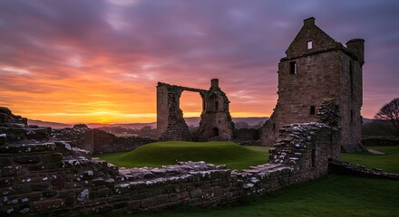 Ancient castle ruins at sunset with dramatic sky and stone walls