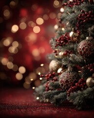 Obraz premium Festive Christmas Tree Ornamentation with Red Berries and Golden Baubles Against a Bokeh Background