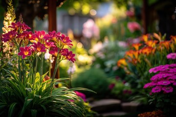 Fototapeta premium Vibrant Garden Scene with Blooming Daylilies and Lush Greenery in Warm Sunlight