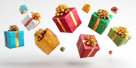 Festive Colorful Gift Boxes with Gold Bows Floating on White Background, Holiday Celebration Concept