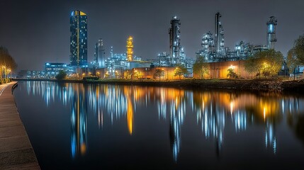 Industrial plant reflects in water at night with bright lights and dark sky.