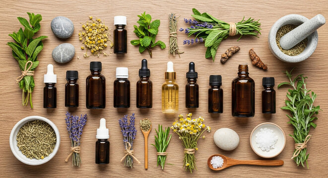 Overhead shot of essential oil bottles and herbs on a wooden surface, showcasing natural remedies and aromatherapy ingredients for holistic wellness