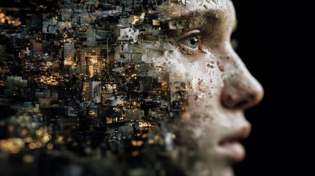 Digital Portrait of a Woman with Abstract Cityscape Overlayed, Exploring Themes of Technology, Identity, and the Future