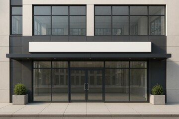 Fototapeta premium Modern retail and office facade with awning and glass storefront ready for leasing