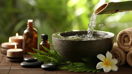 Zen Spa Still Life with Water Flowing into Bowl, Candles, Towels, and Essential Oils