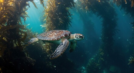 Obraz premium Sea Turtle's Underwater Journey: Witness a majestic sea turtle gracefully gliding through the vibrant turquoise waters, surrounded by a thriving underwater kelp forest.