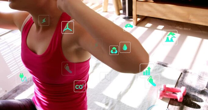 Woman bracing core, initiating crunches on mat for health with metric icons tracking energy airflow