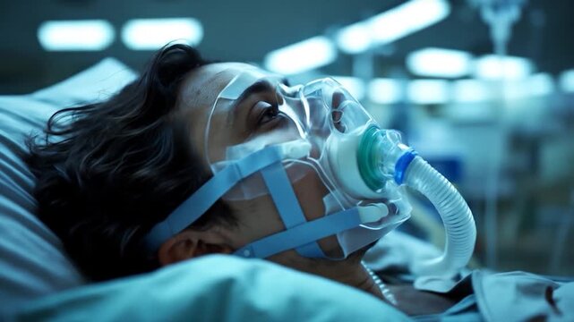 Patient in Hospital Bed Receiving Oxygen Therapy.