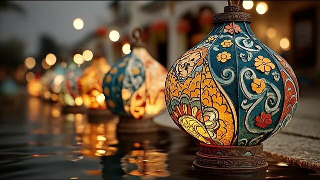 Colorful lanterns on water feature
