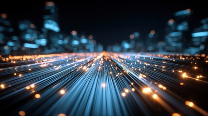 Abstract Digital Cityscape with Glowing Data Streams and Futuristic Architecture, Representing Connectivity and Innovation