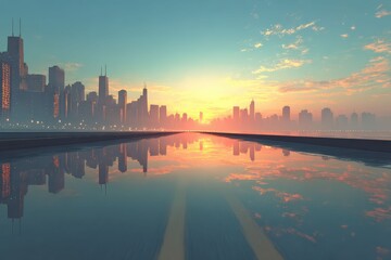 Fototapeta premium Elegant glass towers stretch toward a glowing sky, the sunset light enriching their surfaces in a dramatic display of urban architecture.