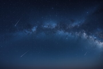Deep night sky dense galactic core with meteors over faint horizon minimal and serene